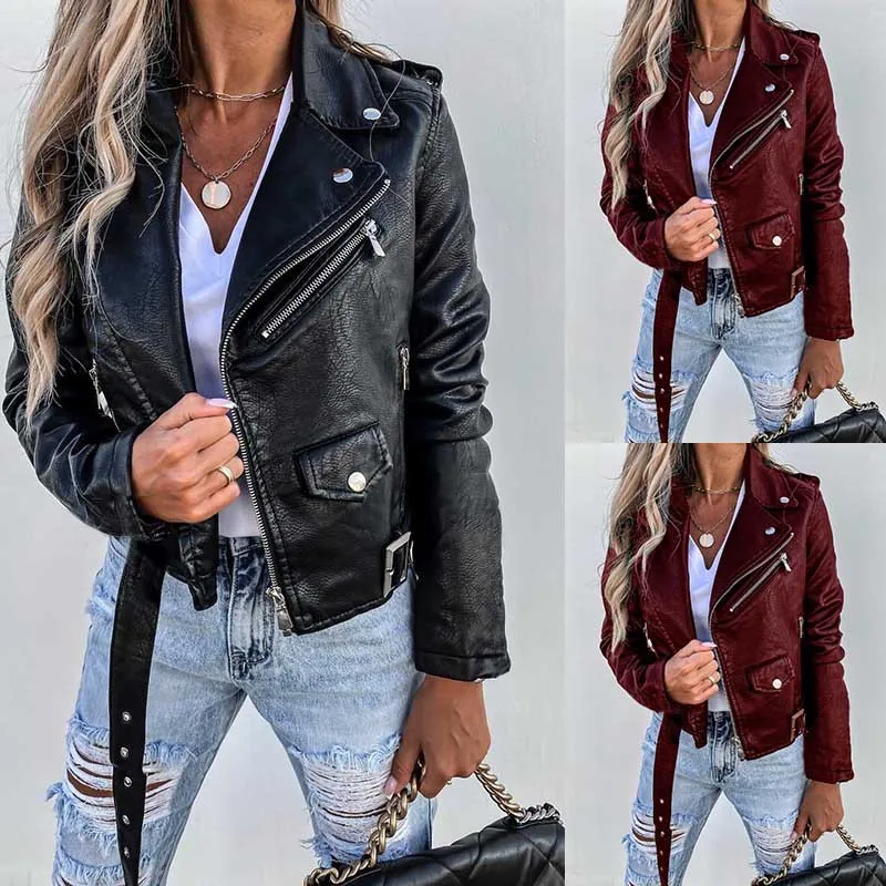 Manteau en cuir PU pour femme, veste zippée Slim Fit, Streetwear épissé, High Street, vêtements d'extérieur solides, vestes de poche, automne 2024