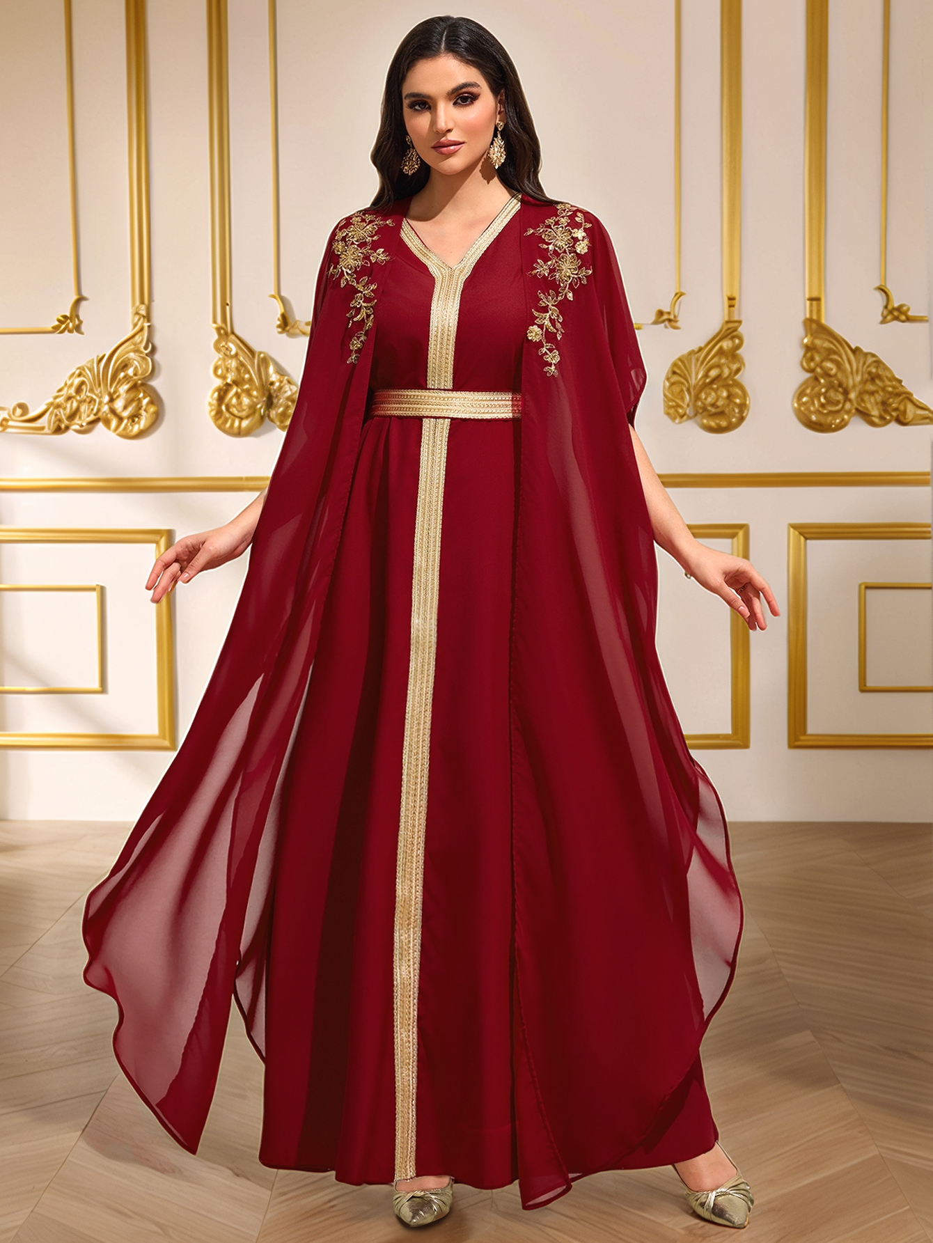 Abaya de luxe bordeaux brodée or, style arabe, à manches cape, ouverte sur le devant, robe de soirée/banquet