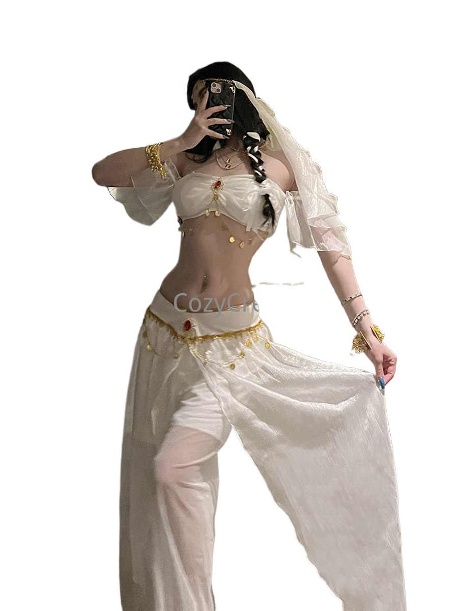 Costume de princesse arabe pour femmes, tenue de danse du ventre rouge, ensemble de cosplay pour fête d'Halloween, haut à épaules dénudées, jupe longue, foulard, style gypsy