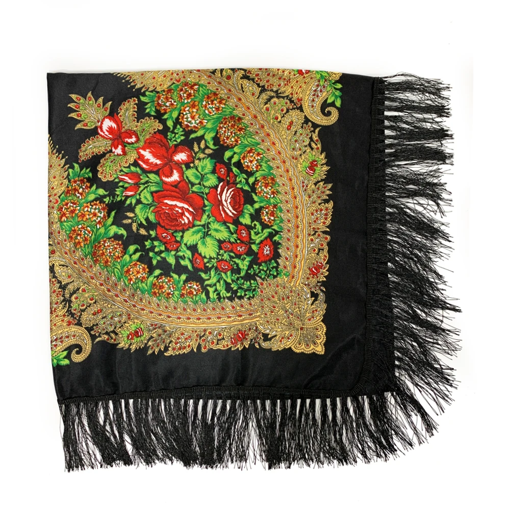 Foulard Carré de Luxe de Style Ethnique Russe pour Femme, Châle à Franges, Bandana, 130x130cm