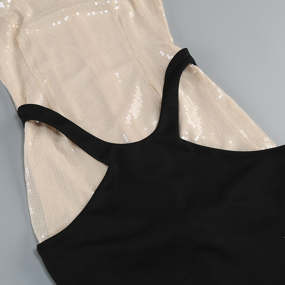 Robe longue de soirée sexy en patchwork de paillettes transparentes – Robe moulante sans manches avec découpe illusion