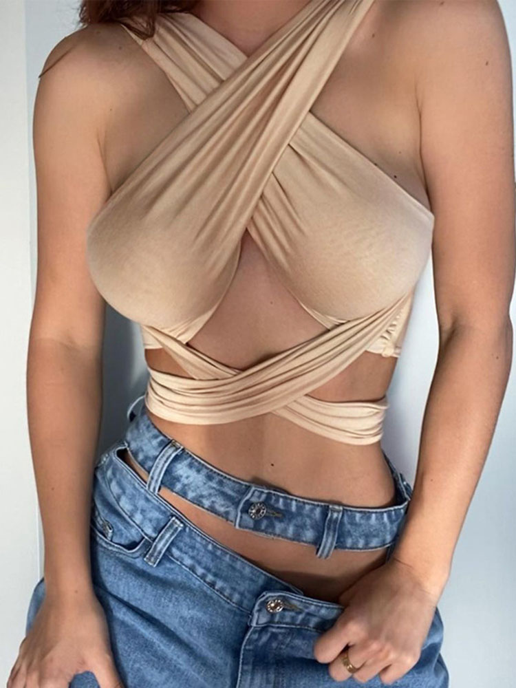 Femmes à bretelles croisées sur le devant découpées licou cou sans manches dos nu enveloppement haut court bandeau gilet été Sexy hauts femme vêtements