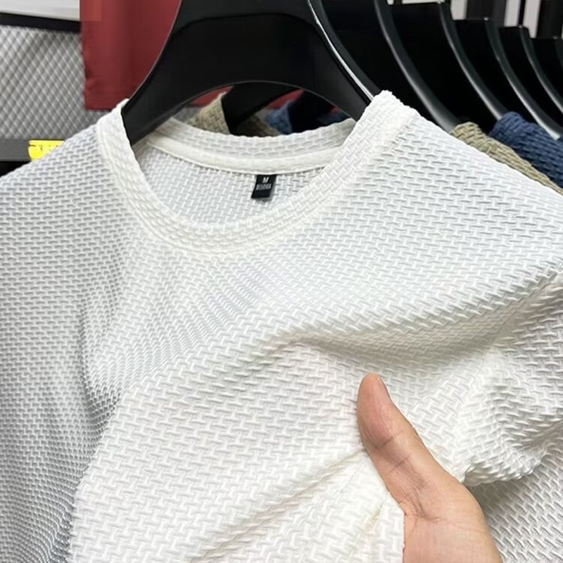 Maille glace soie T-shirt hommes à manches courtes col rond nouveau T-manches hommes bas chemise été couleur unie haut pour hommes
