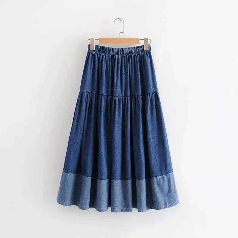 Jupe en jean bleu femmes taille haute jupes longues à plusieurs niveaux Denim élastique tenue décontractée taille élastique une ligne jean jupe filles vêtements