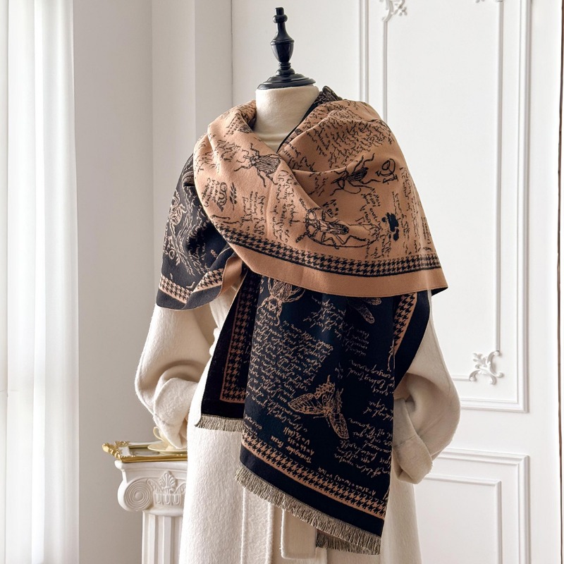 Écharpe rétro pour femmes à imprimé insectes, double face, à larges franges, anti-froid, pour un usage quotidien.