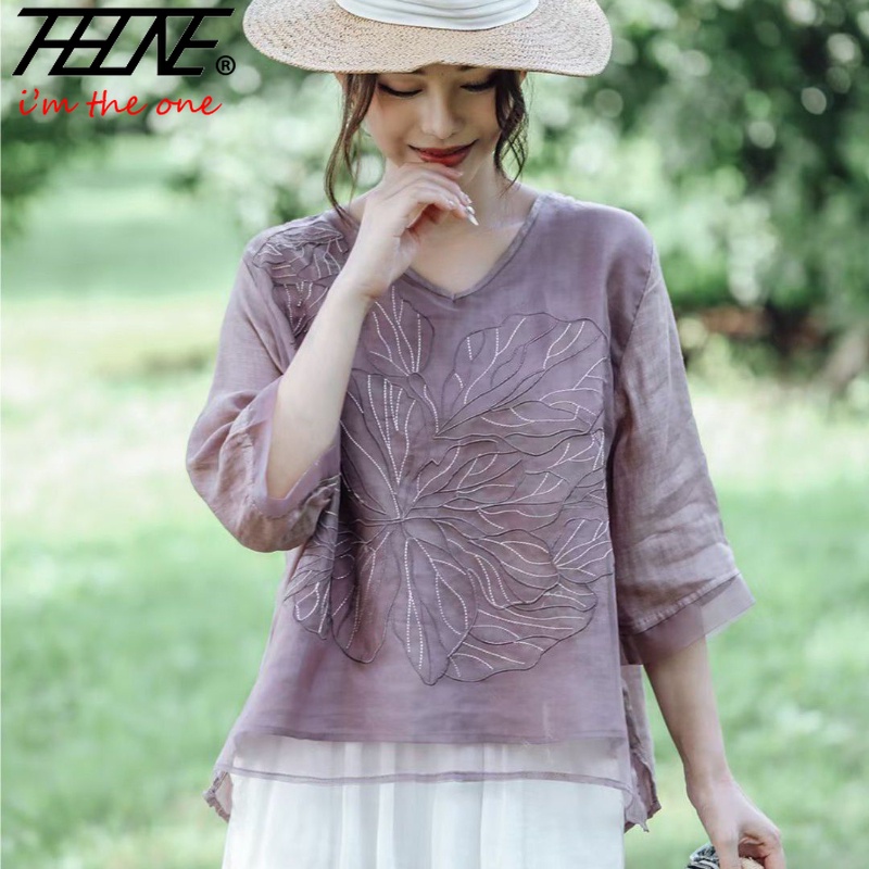 Chemisier brodé à col en V pour femmes, chemises d'été, coton, lin, solide, vintage, décontracté, vêtements