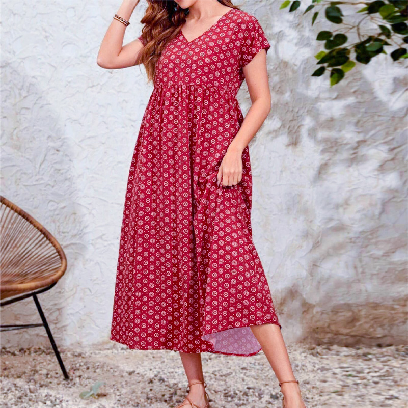 Robe grande taille pour femmes, robe imprimée de style ethnique bohème, col en v, manches chauve-souris, taille élastique, avec poches