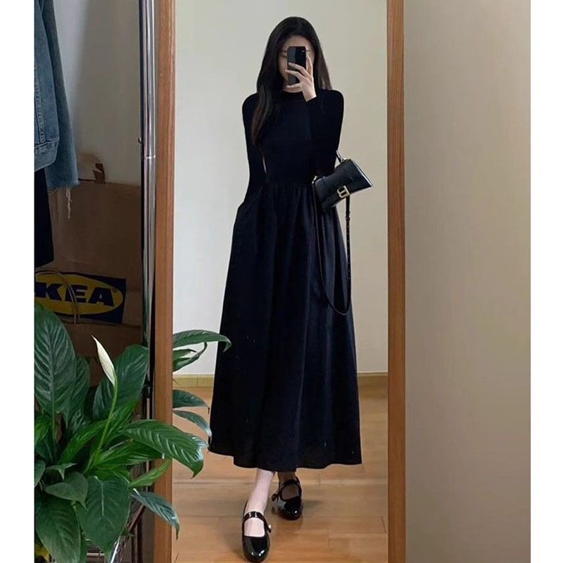 Robe longue noire pour femmes, style coréen, taille haute, col mi-haut, élégante, fête, manches longues, nouvelle collection automne hiver