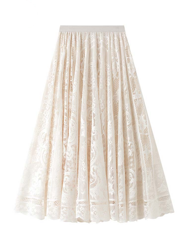 Printemps été femmes dentelle jupes solide taille haute élastique Vintage élégant bureau dames blanc noir Chic jupes longues Jupe Longue
