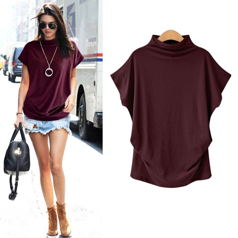 6XL femmes été T-Shirt manches courtes chauve-souris ample solide gris col roulé T-Shirt 2019 nouveaux T-Shirts Femme T-Shirts hauts