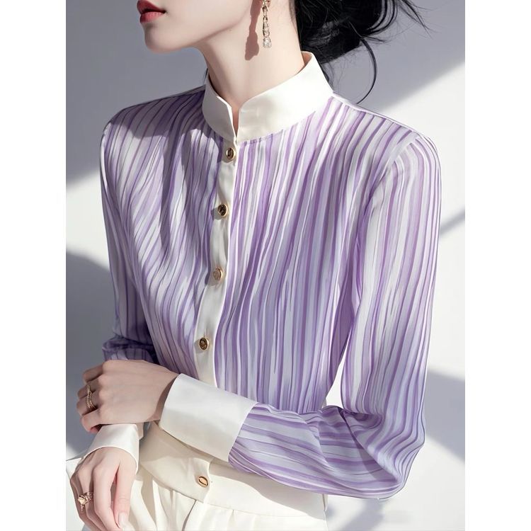 Chemise en mousseline de soie pour femmes, nouveau Cardigan Unique à manches longues avec boutons rayés contrastés gris, printemps