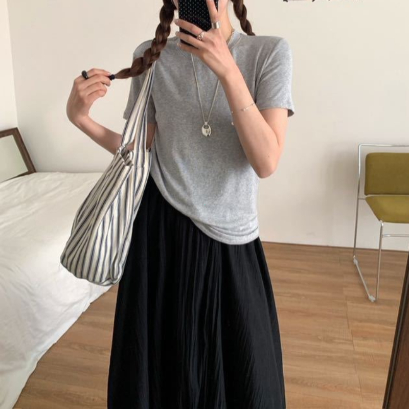 T-shirt d'été en soie à manches courtes pour femme, col rond, en laine, coupe ajustée, sous-vêtement de base