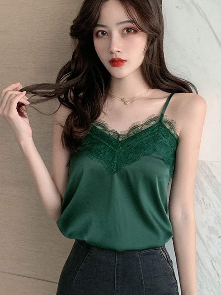 InjCami d'été en dentelle pour femmes, bretelles spaghetti, haut précieux pour dames, caraco blanc, basique, Y-Women