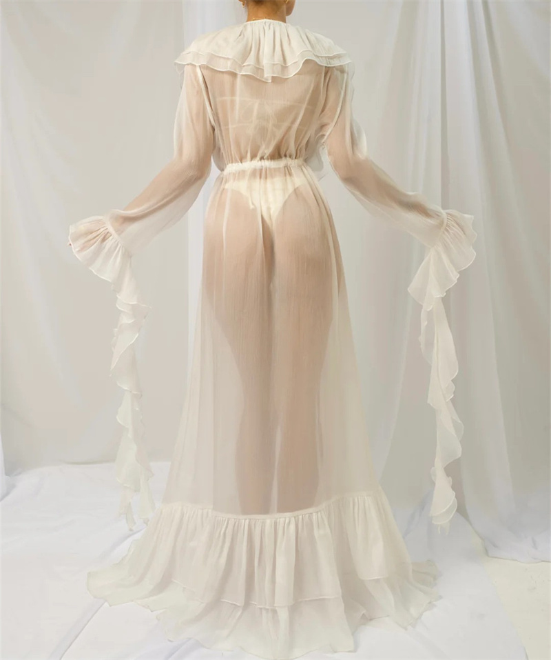 Robe longue maxi en mousseline transparente à volants pour femme, style kimono fluide, ouverte sur le devant avec ceinture à nouer, idéale pour la plage et la natation en été