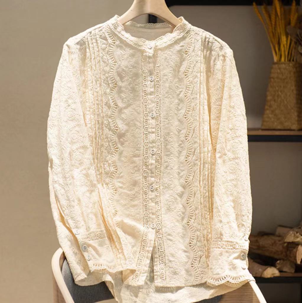 Blouses élégantes et raffinées pour femmes, style bohème, à manches longues, en dentelle brodée et ajourée, chemisiers pour dames, vêtements de mode pour femmes 2027