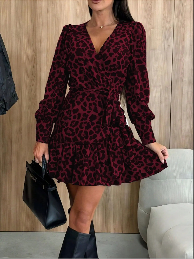 Robes imprimées léopard pour femmes, col en v, à lacets, manches longues, Sexy, élégante, pour rencontres, Mini robe d'automne