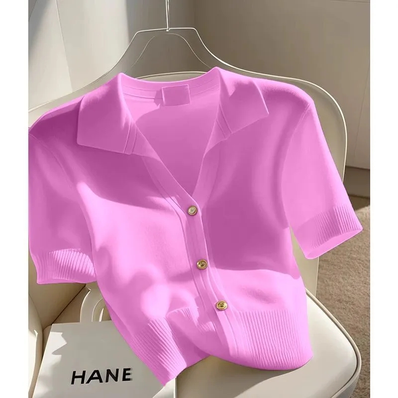 Cardigan à manches courtes pour femme, T-shirt tricoté, décontracté, assorti avec tout, ample, nouvelle collection été 2025