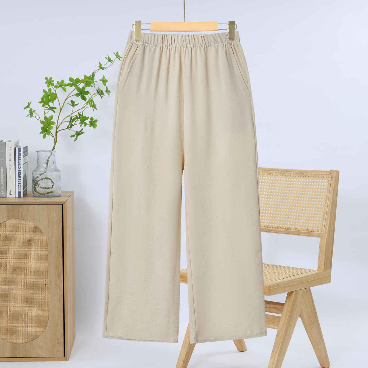 Pantalon d'été vintage pour femme, coupe large, taille élastique, couleur unie, droit, décontracté, ample, grande taille