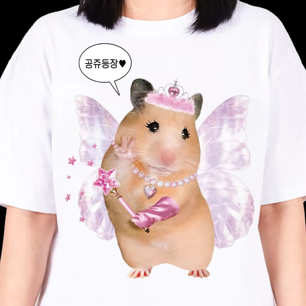 T-shirt pour femme style coréen Ins, motif chat domestique dessiné à la main et texte Hangul, en coton ample, style Y2K, décontracté, esthétique quotidienne