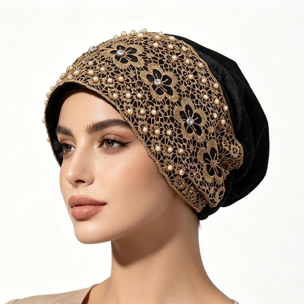 Turban élégant brodé pour femme, bonnet en dentelle à motif floral, foulard musulman, bonnets et bandeaux pour femme