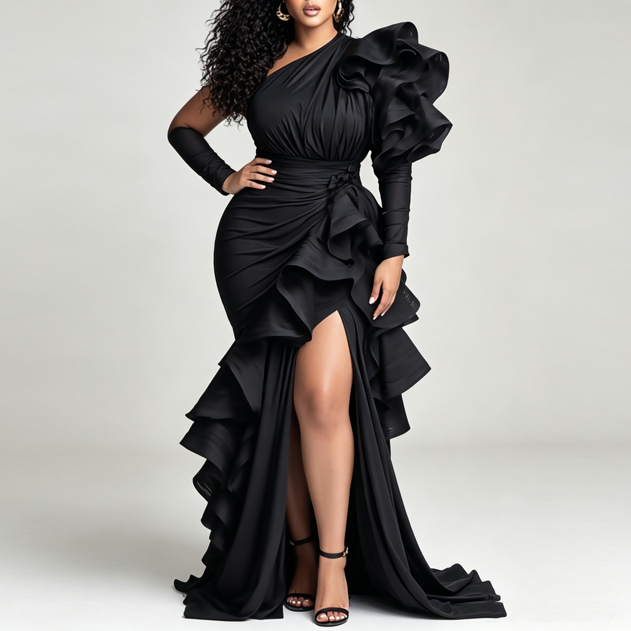 Robe de soirée maxi grande taille à une épaule pour femme, élégante, à manches longues, taille haute, à volants superposés, pour fêtes, bals et mariages