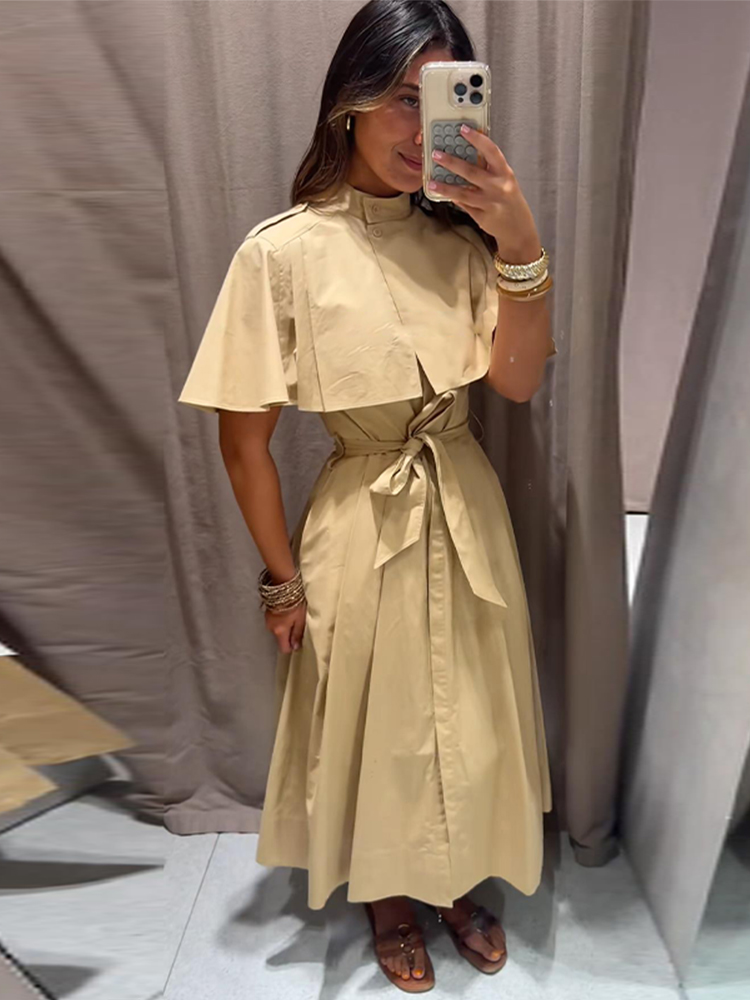 Robe midi à col cape pour femme, couleur kaki, col montant, taille ceinturée, manches courtes, coupe trapèze, nouvelle collection 2026, robes longues élégantes pour le bureau et les occasions décontractées