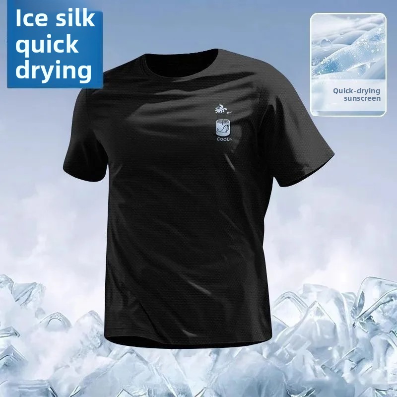 T-shirt ample en soie glacée pour homme, respirant, à manches courtes, col rond, motif lettres, nouveau style décontracté d'été, haut tendance