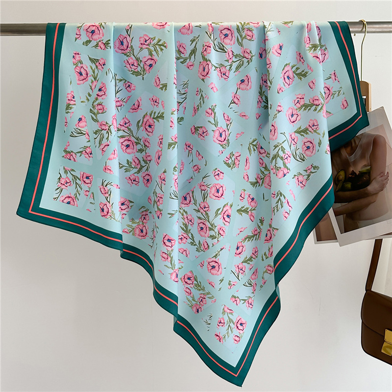 Nouveau grand foulard carré, châle floral en twill de velours de soie, 90 cm, protection solaire, foulard simple pour femme pour le printemps et l'été