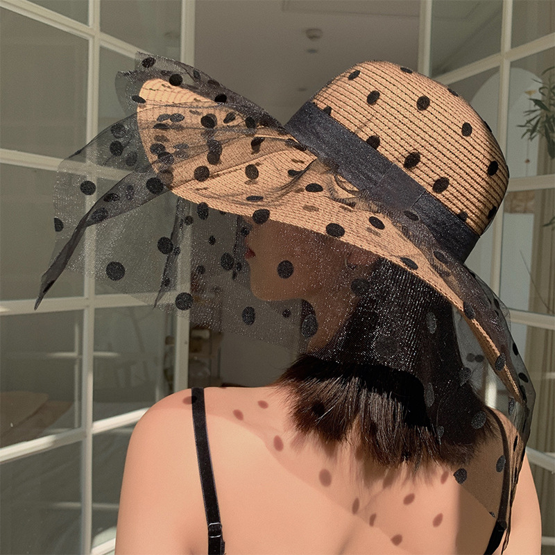 Chapeaux de paille en maille de dentelle pour femmes, chapeau de soleil à large bord, protection UV pliable, pois classiques et élégants, été