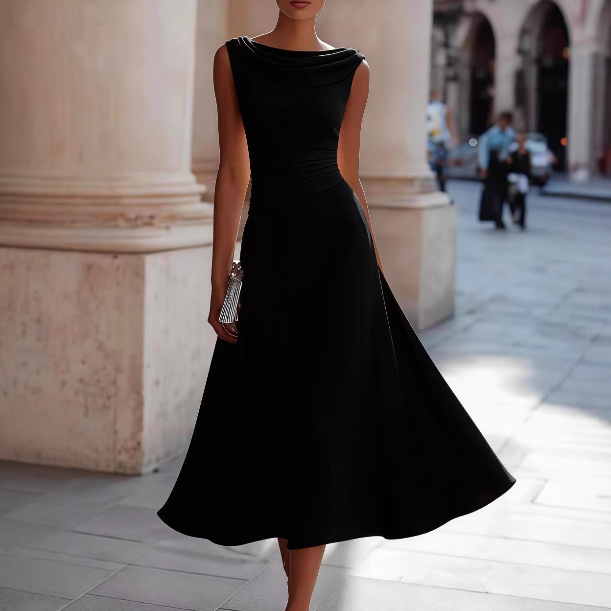 Robe midi élégante pour femme, drapée, à col drapé, sans manches, avec taille froncée, idéale pour les occasions formelles et les invitées de mariage
