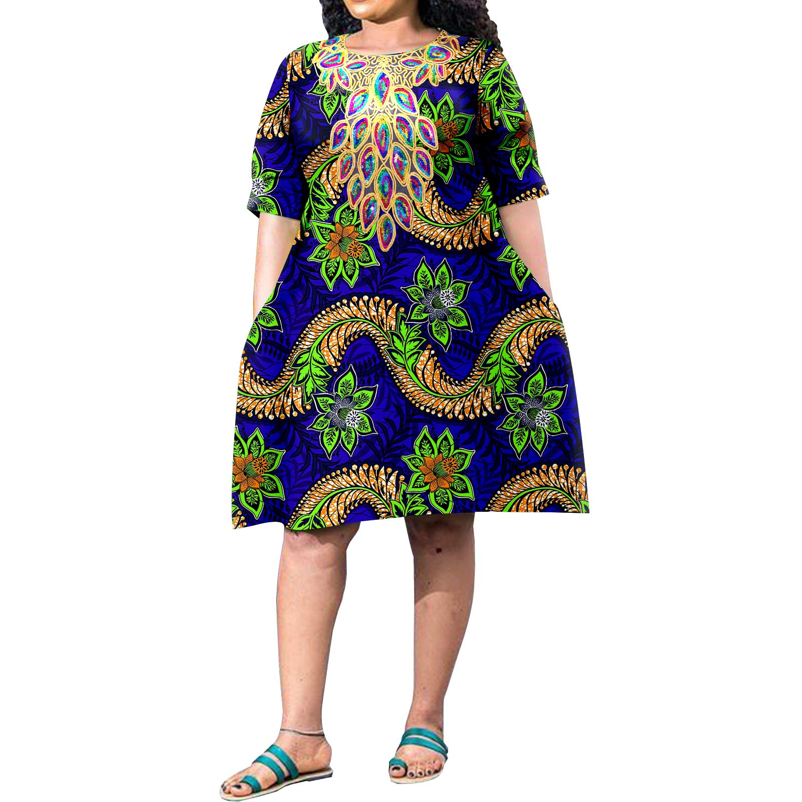 Robe africaine grande taille pour femmes, estampage coloré avec accessoires, décontractée, manches courtes, tissu imprimé de voyage, robe au genou A2225153