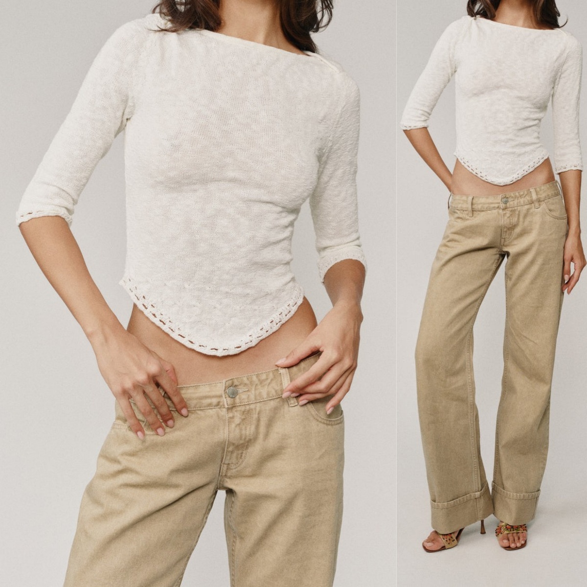 Wj Off-White Haut en tricot à col bateau et manches trois-quarts avec dentelle au crochet, ourlet incurvé légèrement transparent, bordure en dentelle française, ourlet asymétrique, style court, révélant la taille, amincissant, t-shirt texturé
