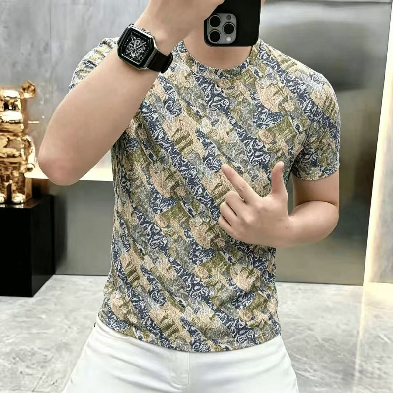 T-shirt d'été en soie glacée à manches courtes pour homme, imprimé, col rond, décontracté, pour la plage et les vacances, vêtements pour homme