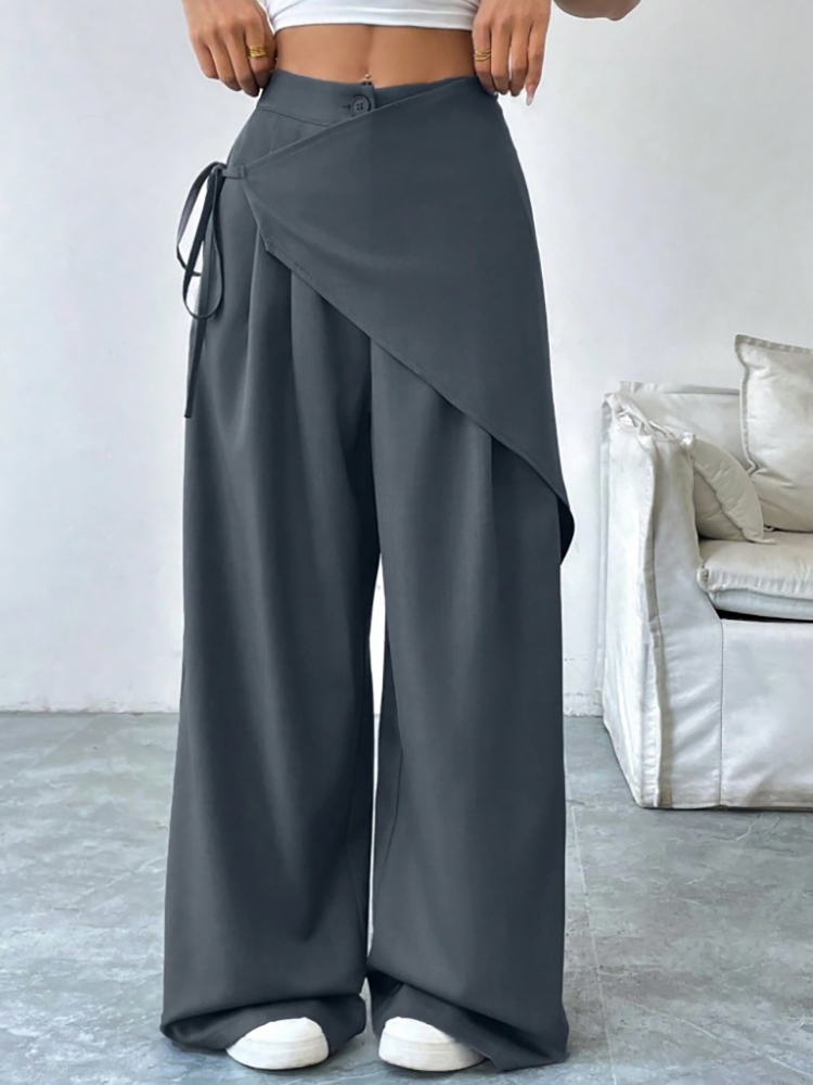 Pantalon de costume élégant asymétrique pour femme, taille haute, coupe ample, jambe large, avec lacets, taille élastique, décontracté