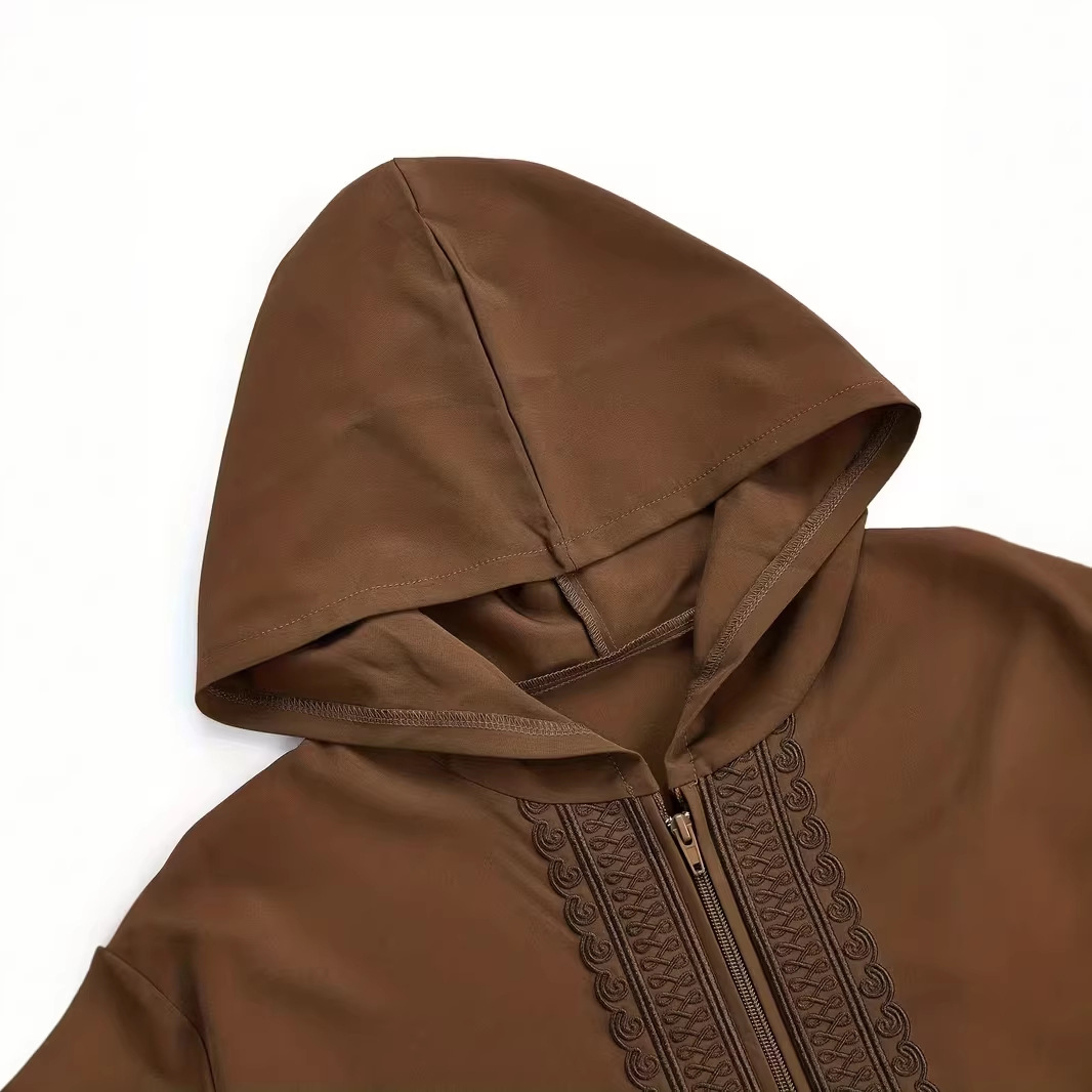 Robe longue pour homme, style Jubba Thobe, brodée, à capuche, Abayas, style Moyen-Orient, musulmane, unie, modeste, Maroc, Dubaï, avec empiècements, printemps, décontractée