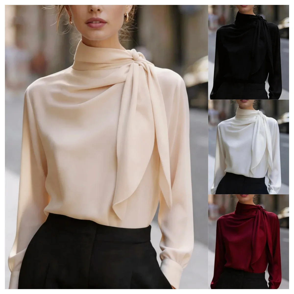 Chemisiers de mode pour femmes Printemps Automne, Chemise en satin à ruban style bohème, Hauts élégants à manches longues de luxe léger pour le bureau, Vêtements pour femmes