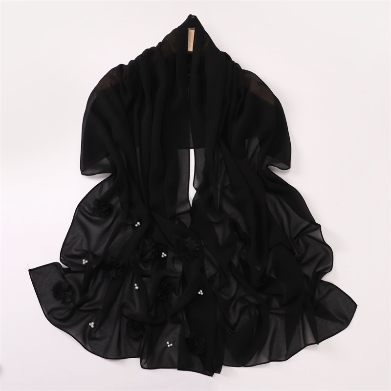 Point uni Rose bulle florale en mousseline de soie Hijab Ramadan perles foulards châles femmes crème solaire foulard extérieur coupe-vent tête enveloppement
