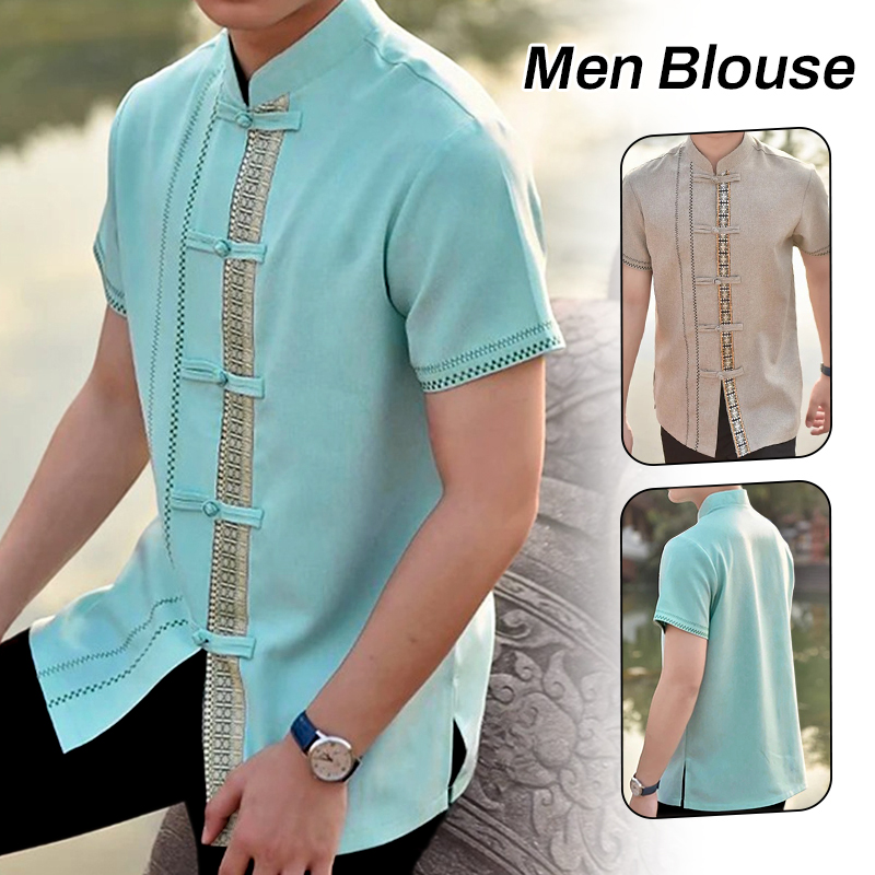 Chemises à col montant pour hommes, vêtements traditionnels Dai, hôtel, Restaurant, serveur, vêtements de travail, vêtements quotidiens, hauts ethniques vietnamiens thaïlandais