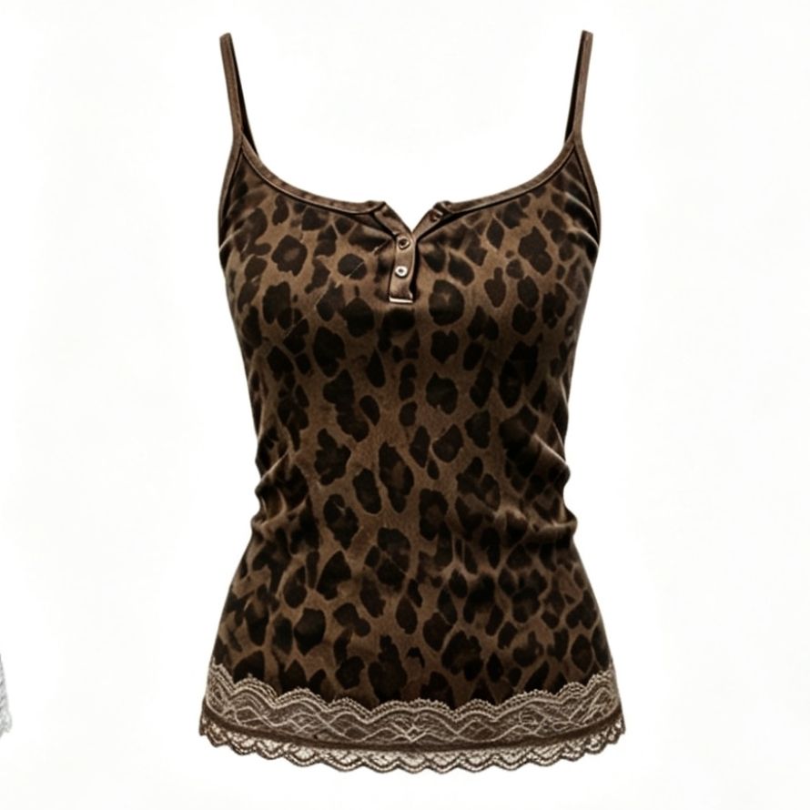 Débardeur court sexy à imprimé léopard américain, patchwork et dentelle, style Y2K, pour femme, idéal pour les fêtes et festivals