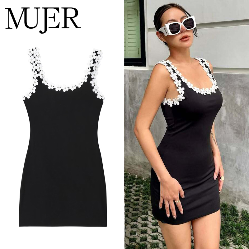 MUJER noir robes courtes à fleurs pour les femmes été moulante Mini robe femme vacances dos nu femmes robe bretelles robes de soirée