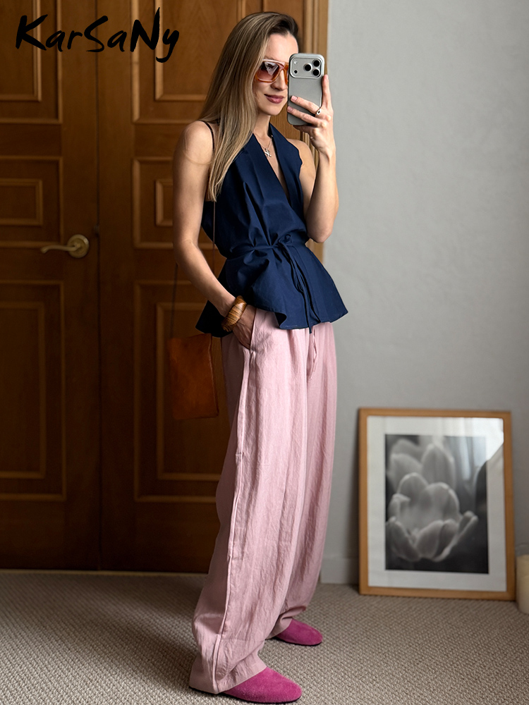 KarSaNy – pantalons d'été amples pour femmes, taille haute, décontractés, couleur unie, bleu marine, en Lyocell, pantalons à jambes larges pour femmes, baggy