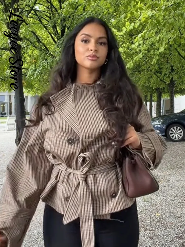 Manteau court à carreaux pour femmes, à col à revers, double boutonnage, ceinturé à la taille, manches longues, coupe ample, veste courte à carreaux, manteaux d'automne pour femmes.