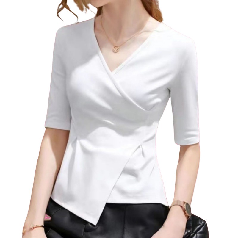 4XL 2023 femmes chemisiers d'été col en v dame mode décontracté à manches courtes bureau Sexy couleur unie vêtements hauts et t-shirts WY0856