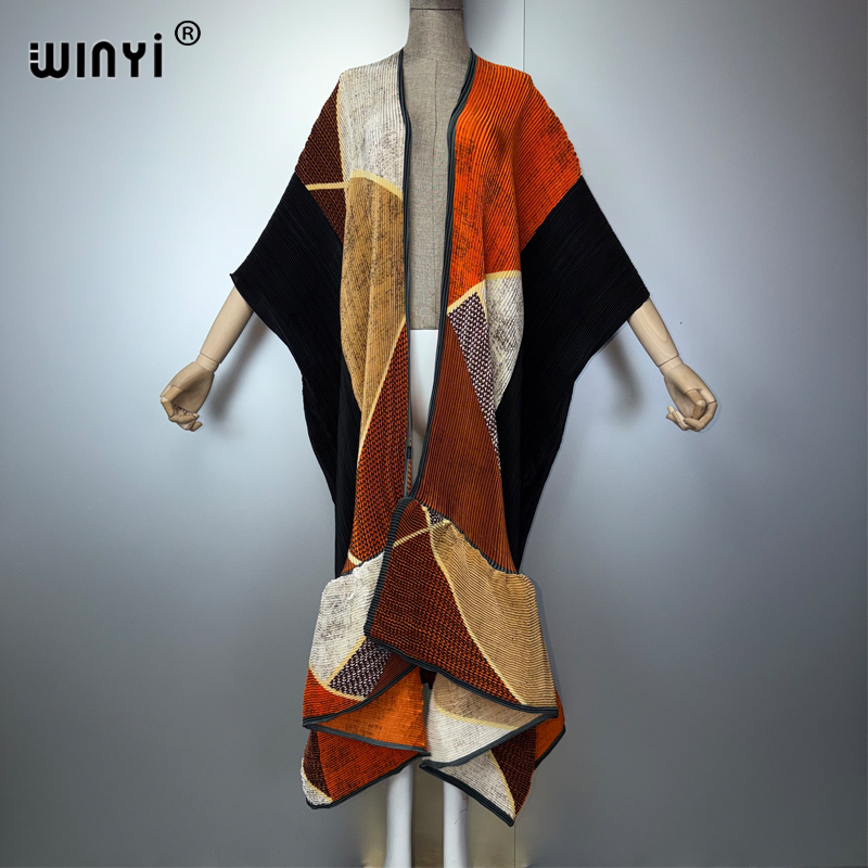 Kimono WINYI tendance pour femme, cardigan plissé imprimé, long manteau abaya, vêtement de plage de luxe Dubaï, robe bohème, caftan
