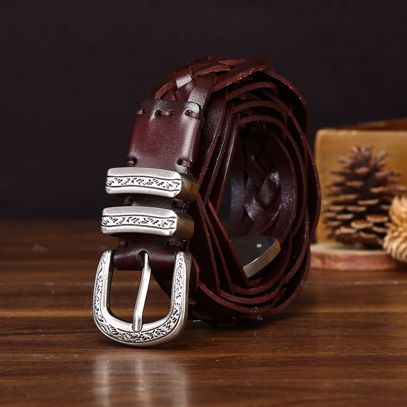 Ceinture tissée en cuir de vache pour hommes, nouvelle couche supérieure de 3.2cm, niche de personnalité rétro, ceinture décontractée