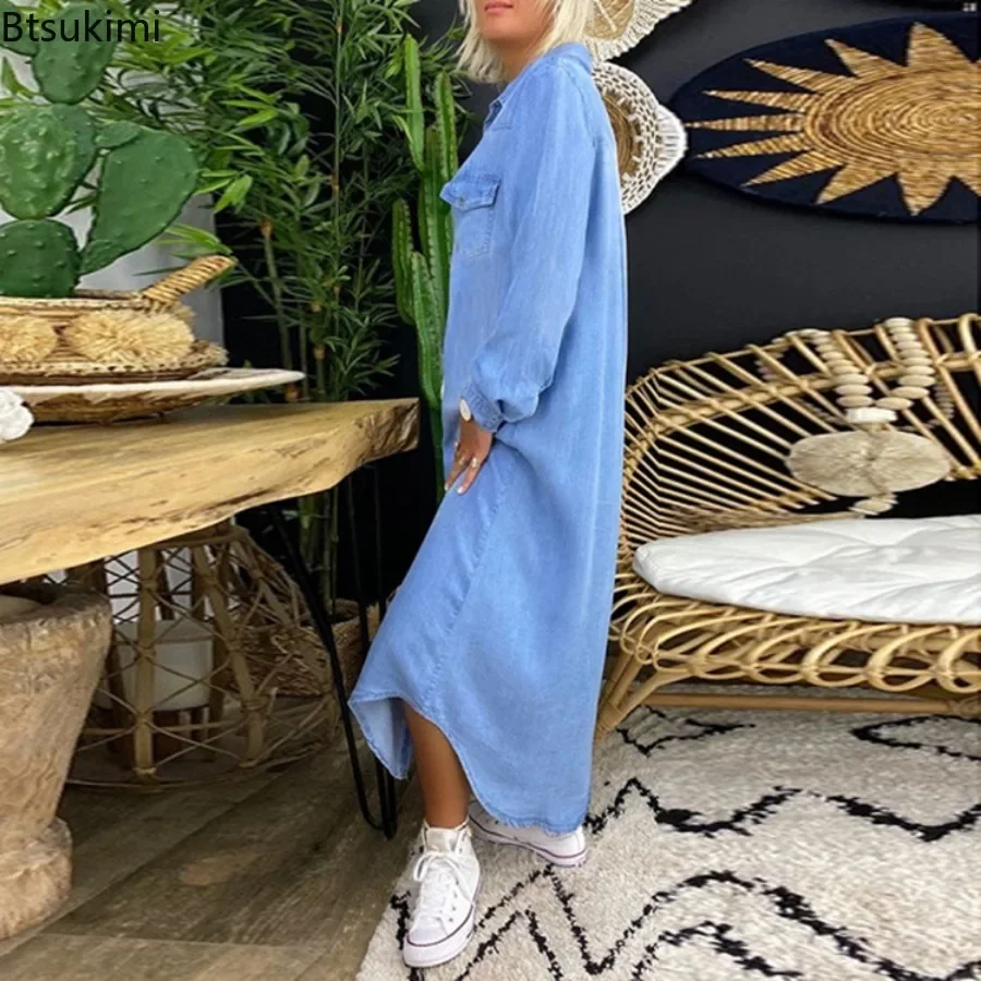 Robe en jean bleue à manches longues pour femmes, élégante, décontractée, mode vacances, printemps-automne, 2026