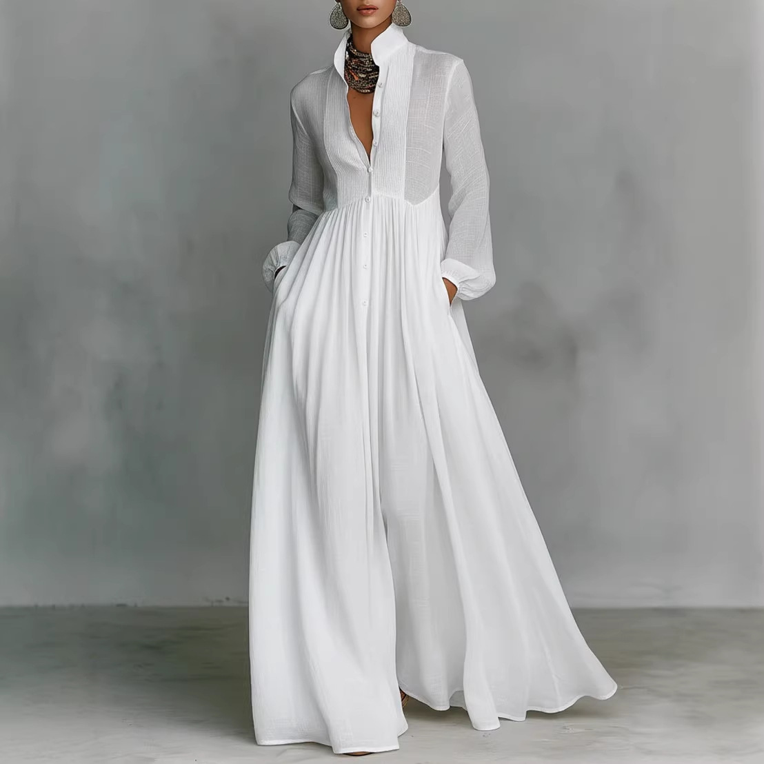 Robe longue élégante pour femmes, automne-hiver 2025, manches longues, robe maxi blanche décontractée