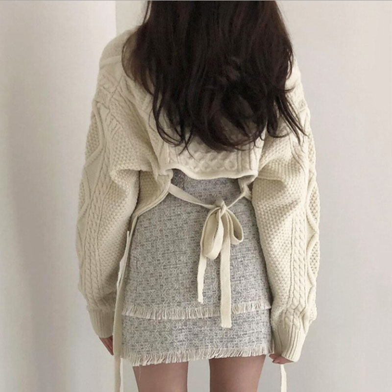 Pull en tricot décontracté japonais pour femmes, version coréenne, automne et hiver, nouveau style rétro, motif chanvre, col en V à nouer dans le dos.
