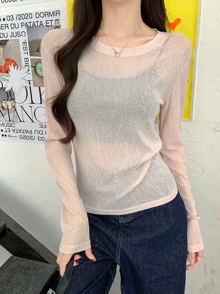 Nouveau T-shirt décontracté ample en soie glacée couleur unie pour femme, protection solaire fine, manches longues, transparent, collection été 2026