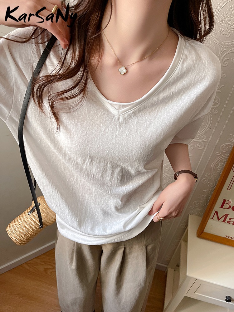 T-shirts amples en coton pour femmes, hauts d'été surdimensionnés, basique, col en V, manches courtes, blanc, noir, coton et lin, bureau pour dames